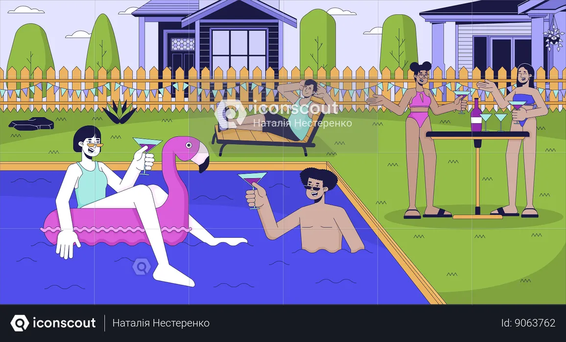 Festa na piscina com amigos  Ilustração