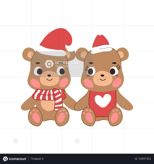 Festive bear couple in Christmas outfit sitting together in winter  Illustration