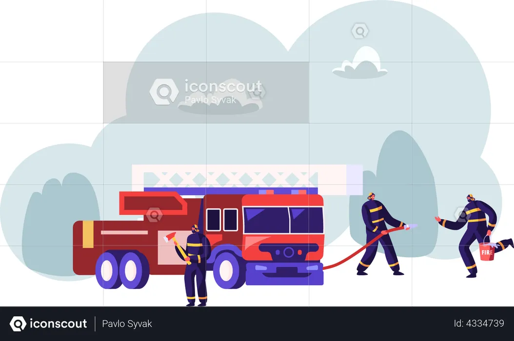 Feuerwehrteam in der Nähe eines Feuerwehrautos  Illustration