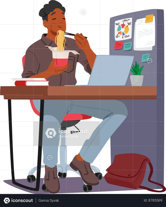 Hombre comiendo fideos en el lugar de trabajo  Ilustración