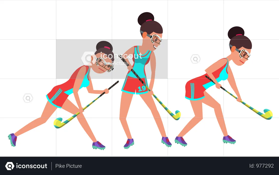 Field Hockey Female Player Vector. Dribbling Ball. In Action. Poses. Women S Grass Hockey Match. Cartoon Character Illustration  Illustration