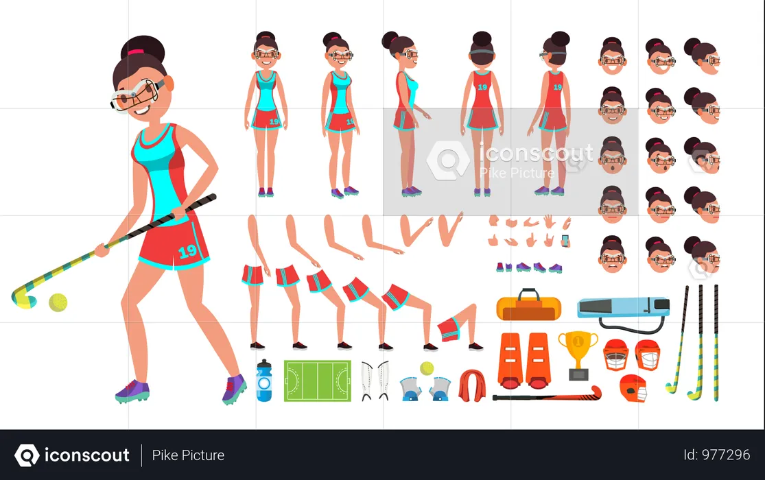 Field Hockey Player Female Vector. Animated Character Creation Set. Full Length, Front, Side, Back View, Accessories, Poses, Face Emotions, Gestures. Isolated Flat Cartoon Illustration  Illustration