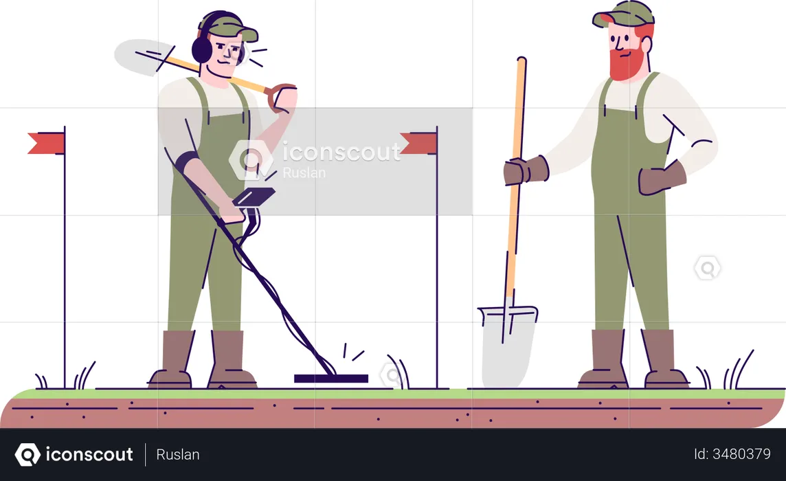 Field survey using metal detector and shovel  Illustration