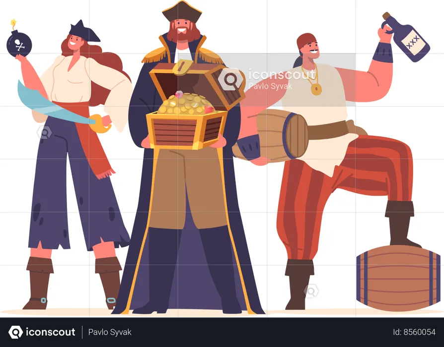 Fierce Pirate Crew Male and Female Characters With Ragged Attire  Illustration