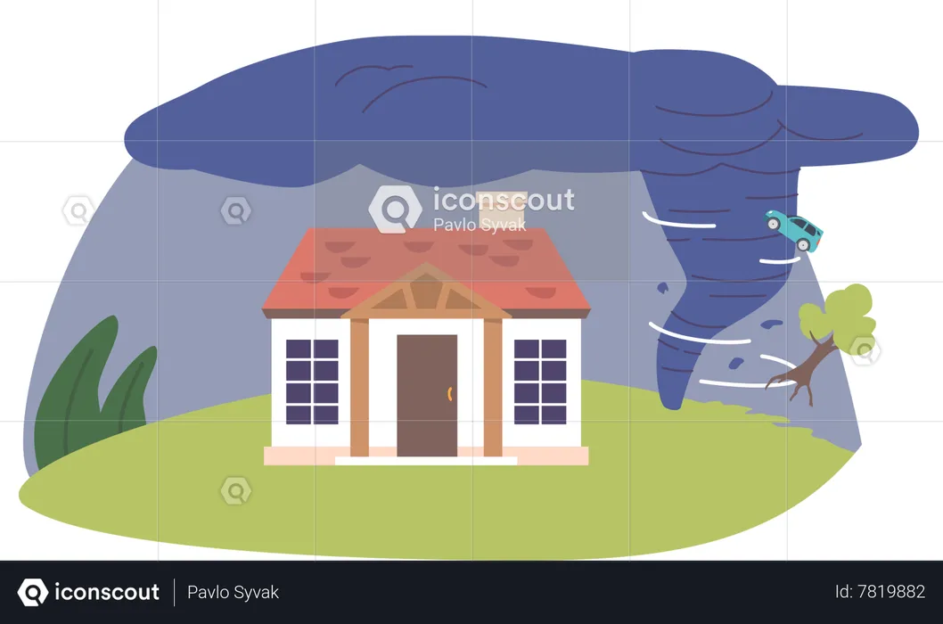 Fierce tornado approaches cottage  Illustration