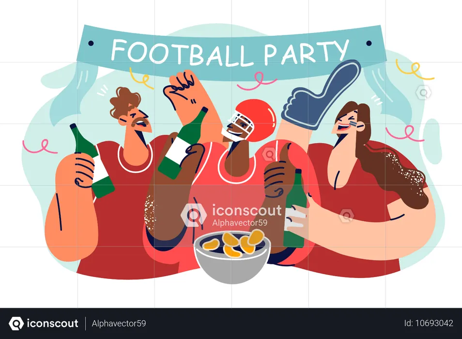 Fiesta de fútbol con un grupo de personas bebiendo cerveza y comiendo pizza mientras animan al equipo universitario  Ilustración