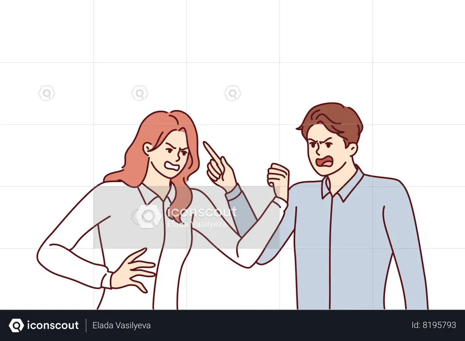 Fight between man and woman angrily screaming and pointing fingers towards interlocutor  Illustration