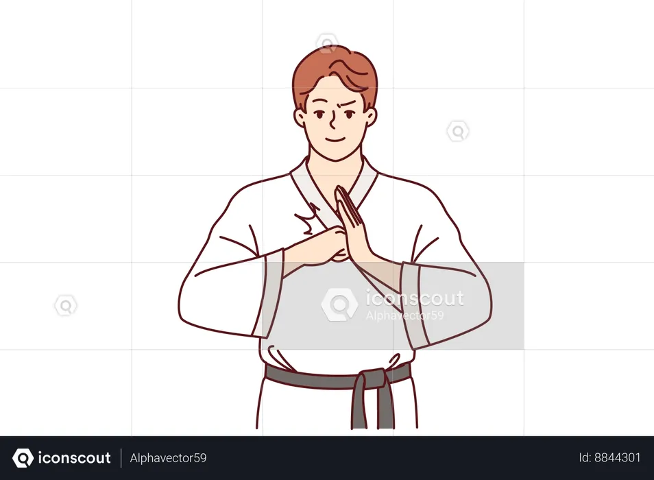 Fighter man in karate clothes make welcoming gesture  Illustration