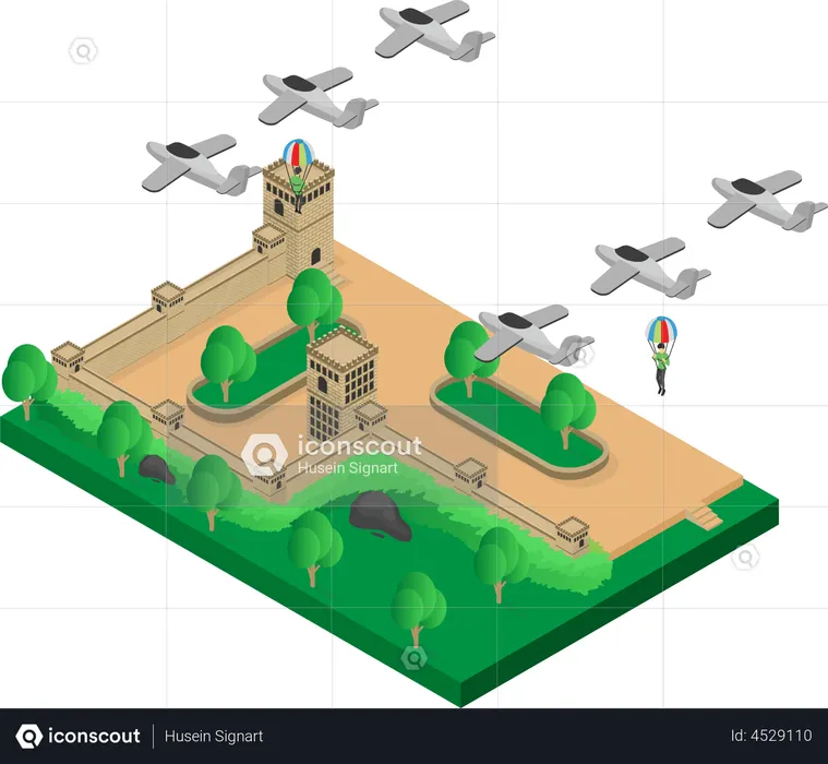 Fighter planes and parachutists over the fort  Illustration