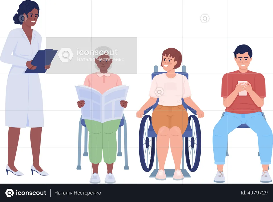 Fila de médicos e pacientes  Ilustração