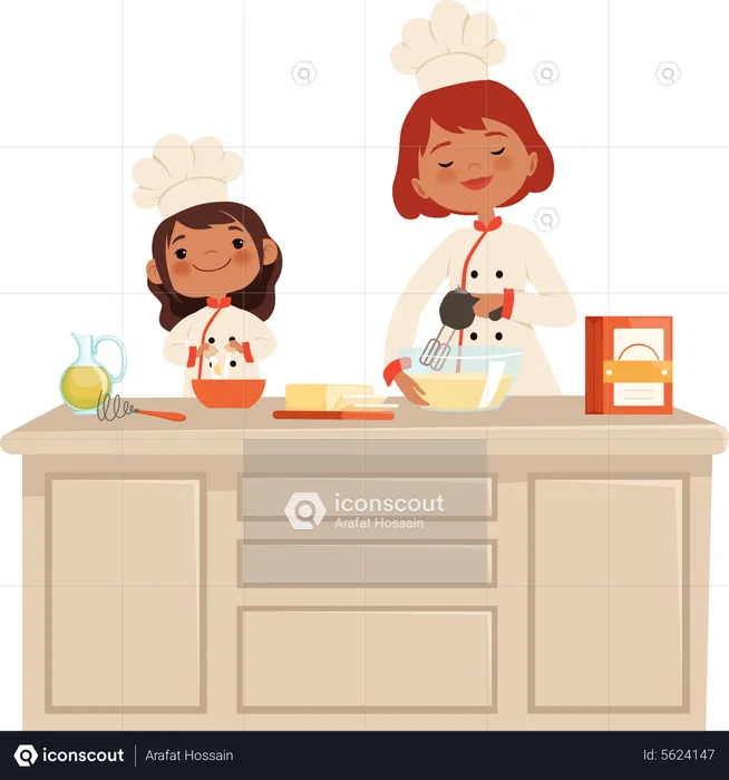 Filha cozinhando com a mãe  Ilustração