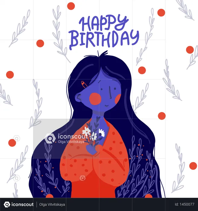 Cheveux longs de fille plate avec des fleurs Salutations de joyeux anniversaire  Illustration