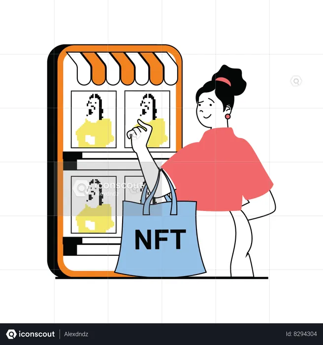 Fille achetant un profil NFT en ligne  Illustration