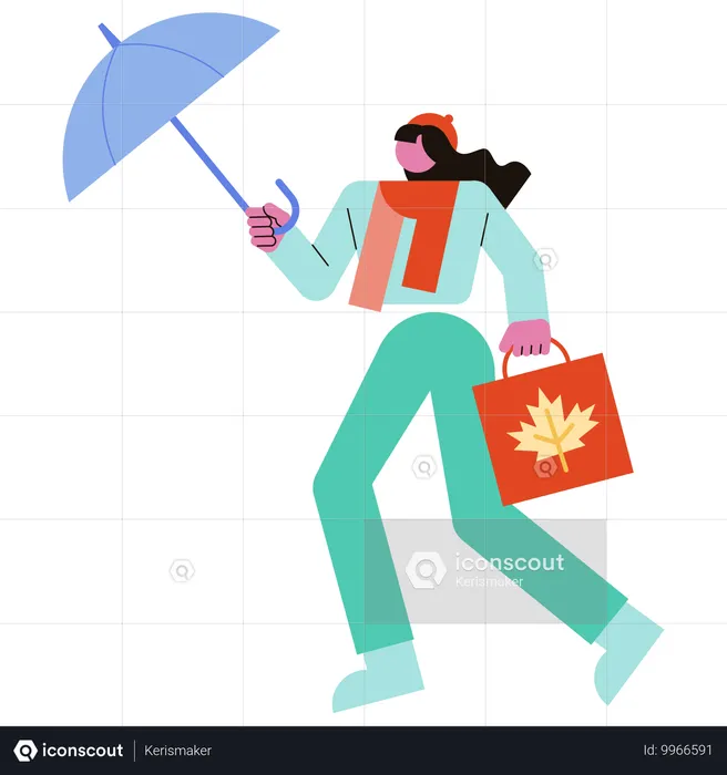 Fille allant faire du shopping tout en tenant un parapluie  Illustration