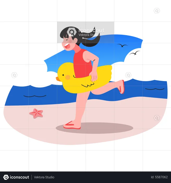 Fille va nager à la plage  Illustration