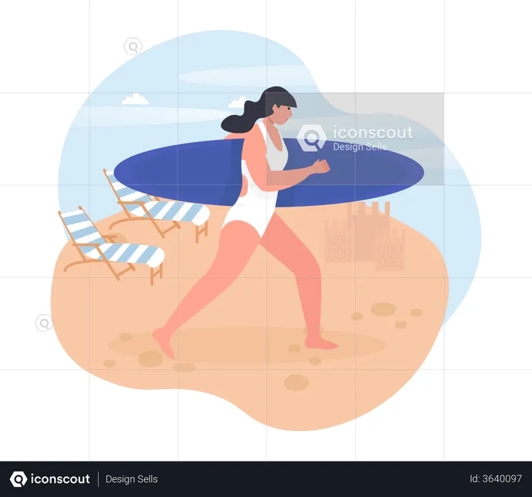 Fille va surfer à la plage  Illustration