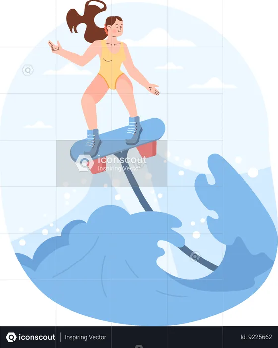 Fille bénéficiant d'un jet d'eau à la plage  Illustration