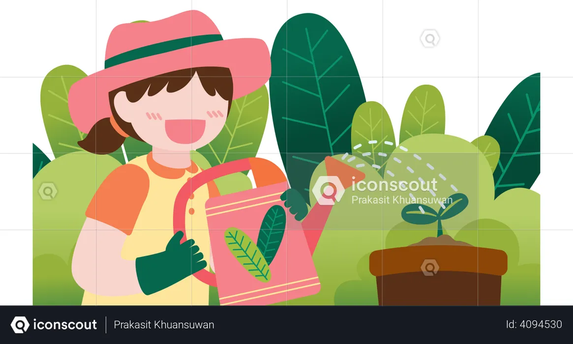 Fille arrosant une plante  Illustration