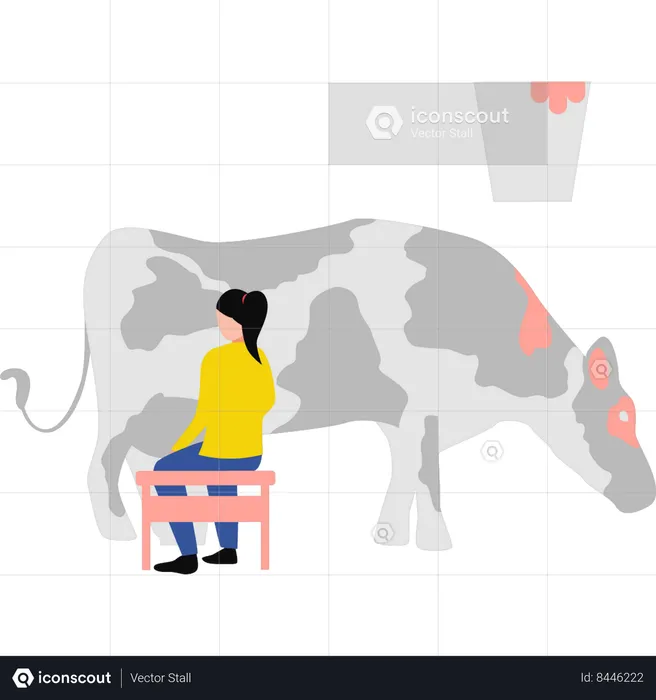 Fille assise à côté de la vache  Illustration