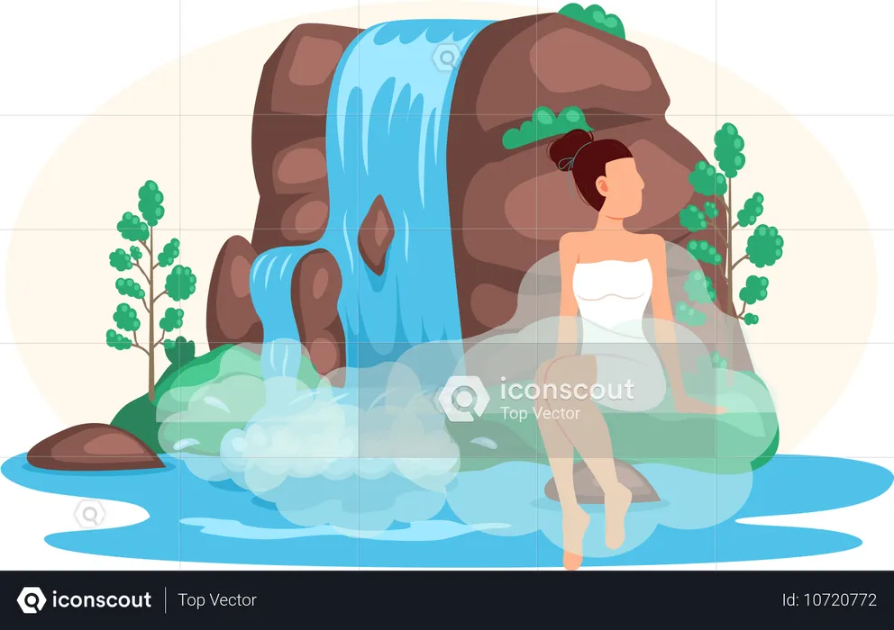 Fille assise près d'une cascade  Illustration