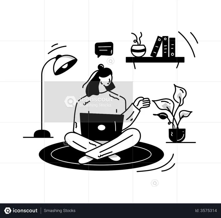 Fille assise sur un tapis de sol et travaillant sur un ordinateur portable  Illustration