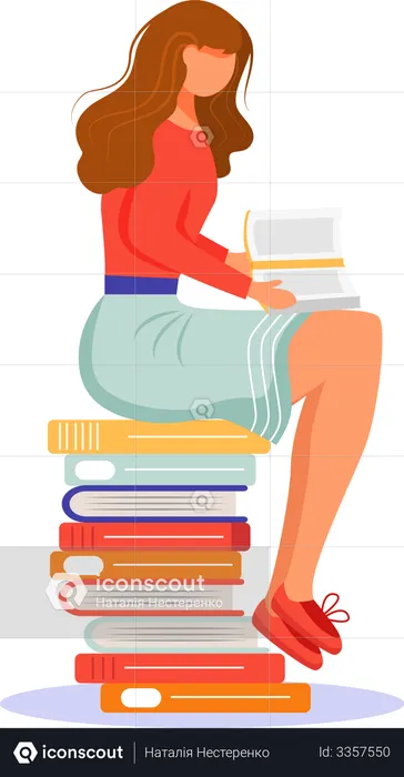 Fille assise sur une pile de manuels  Illustration