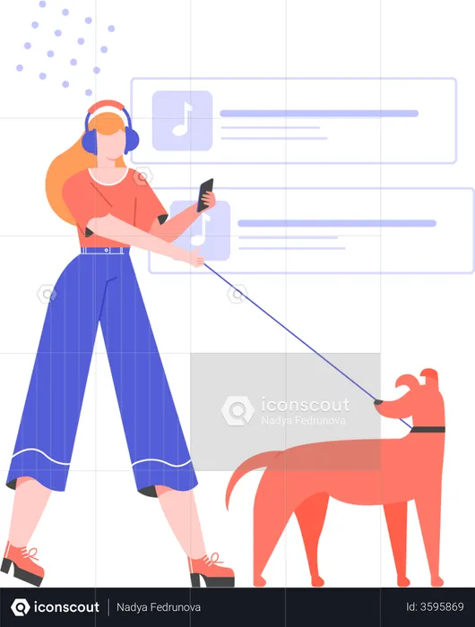 Fille avec des écouteurs en promenade avec le chien  Illustration