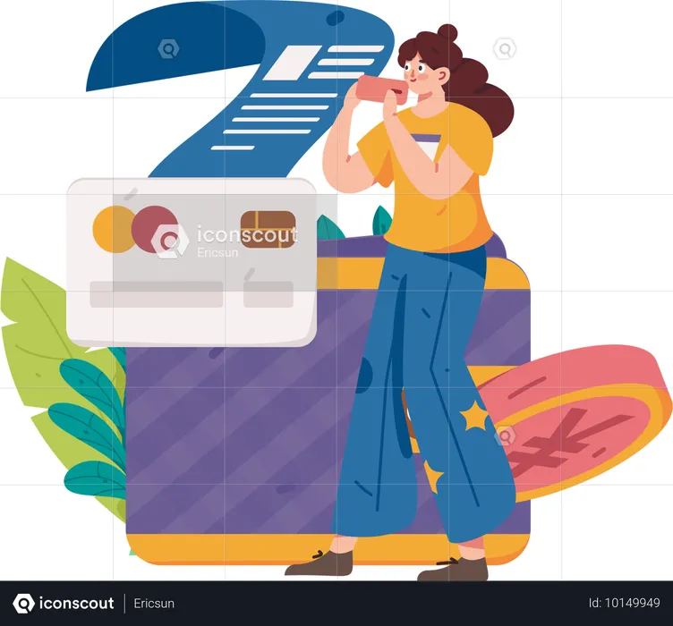 Fille avec facture de carte de crédit  Illustration