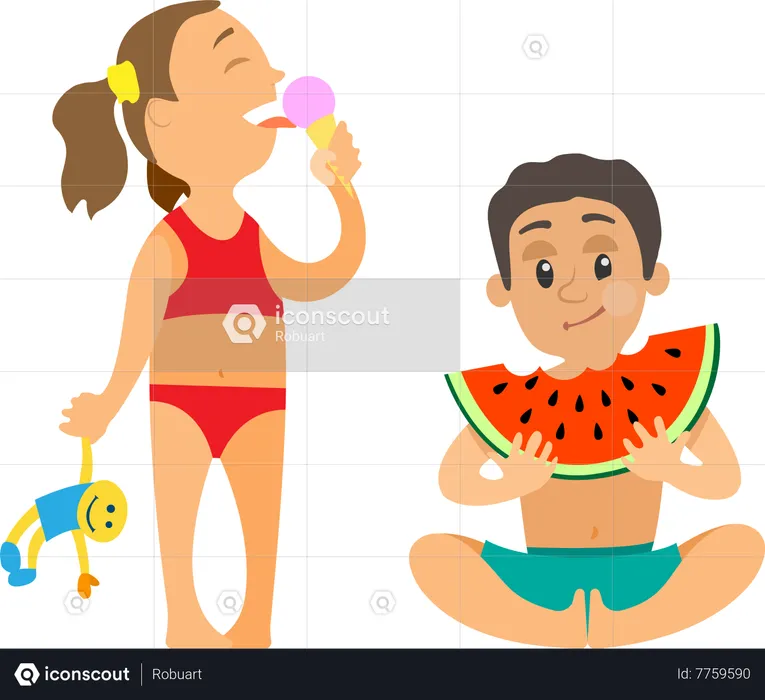Fille avec glace et poupée et garçon avec pastèque  Illustration