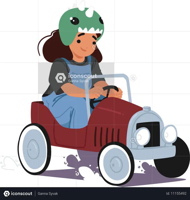 Fille portant un casque de dinosaure et conduisant une voiture à pédales vintage  Illustration