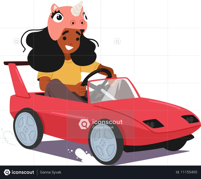 Fille portant un casque de licorne et conduisant une voiture de sport à pédales  Illustration