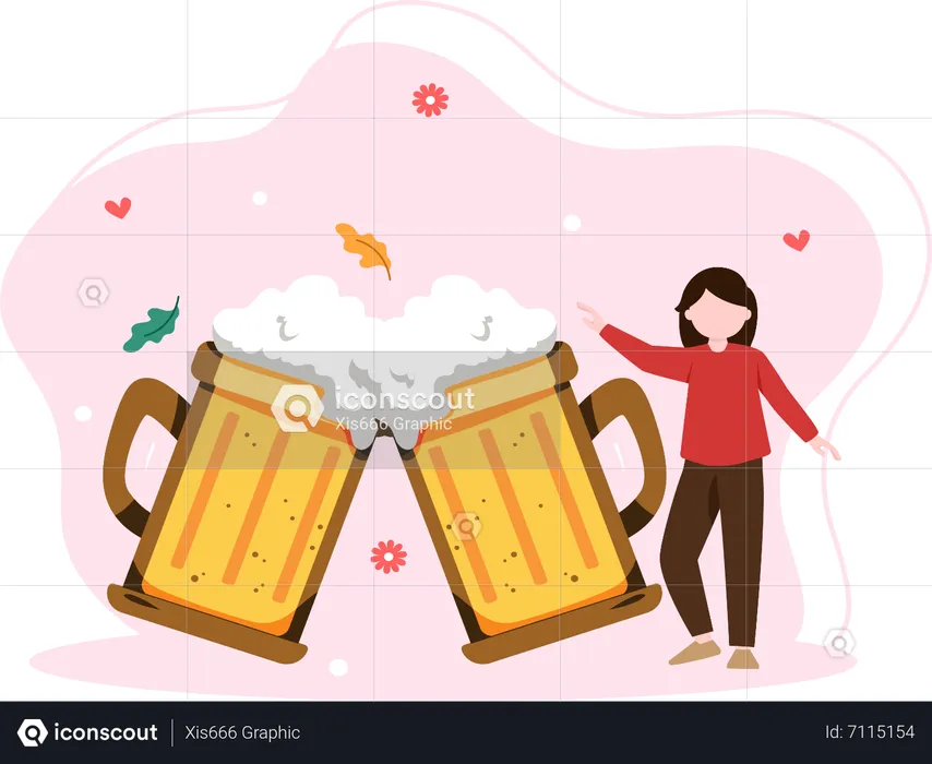 Fille avec un verre de bière  Illustration