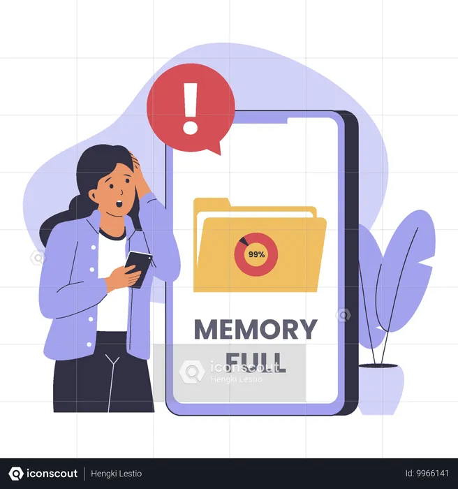 Fille ayant un problème d'espace mémoire complet sur mobile  Illustration