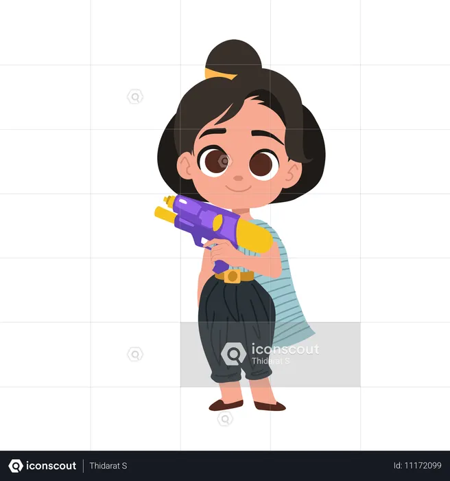 Une fille célèbre Songkran avec un pistolet à eau  Illustration