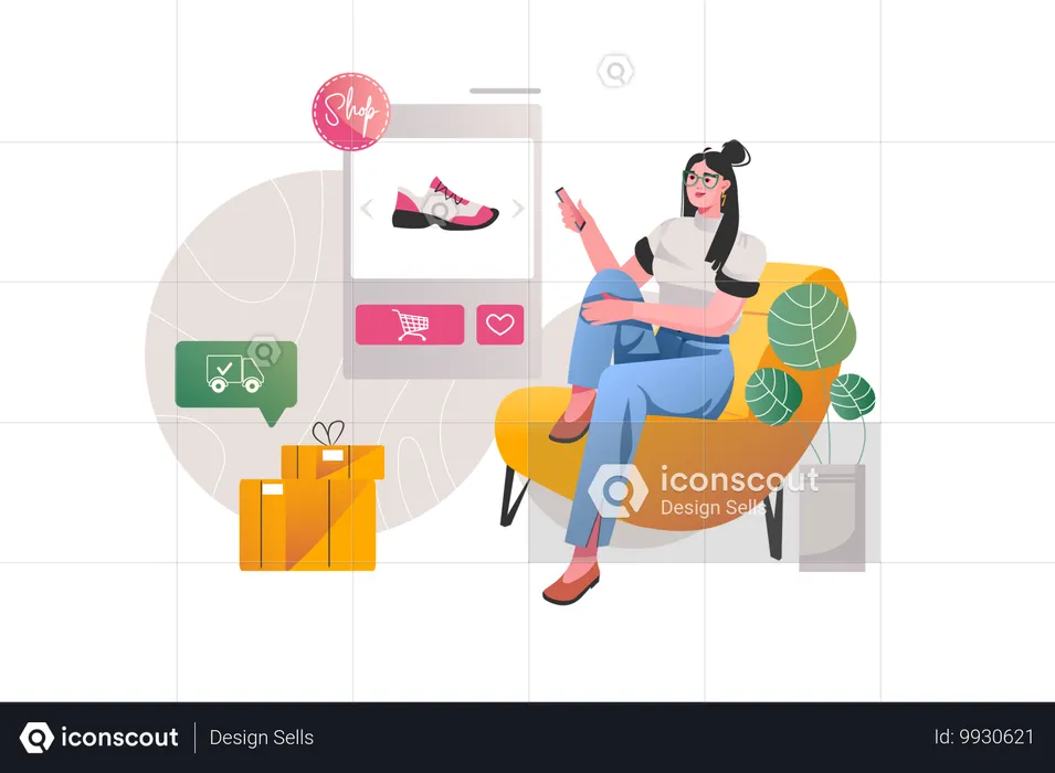 La fille choisit de nouvelles baskets dans une boutique en ligne  Illustration