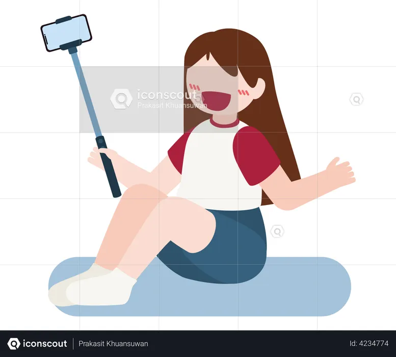 Fille cliquant sur selfie à l'aide d'une perche à selfie  Illustration