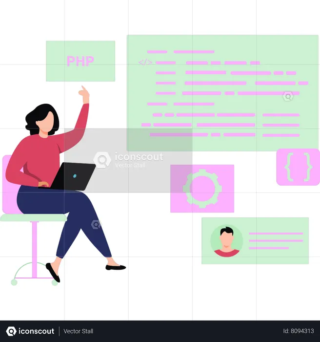 Fille codant PHP sur un ordinateur portable  Illustration