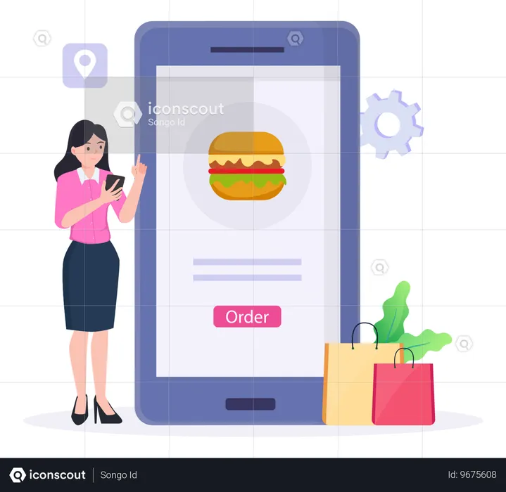 Une fille commande un hamburger sur un site Web  Illustration