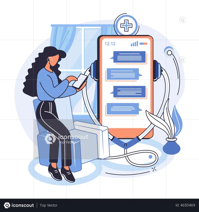 Fille contactant un service de médicaments en ligne  Illustration