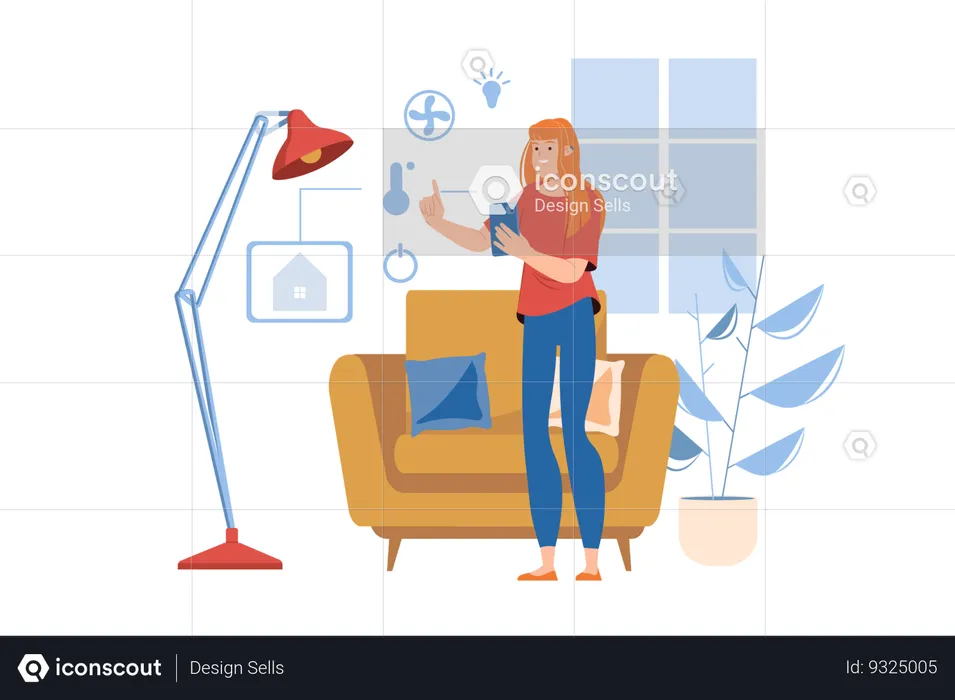 Une fille contrôle sa maison intelligente à l'aide de son téléphone  Illustration