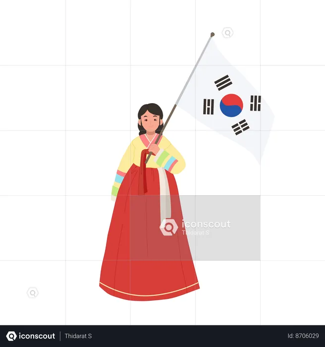 Heureuse fille coréenne portant du hanbok avec le drapeau de la Corée du Sud  Illustration