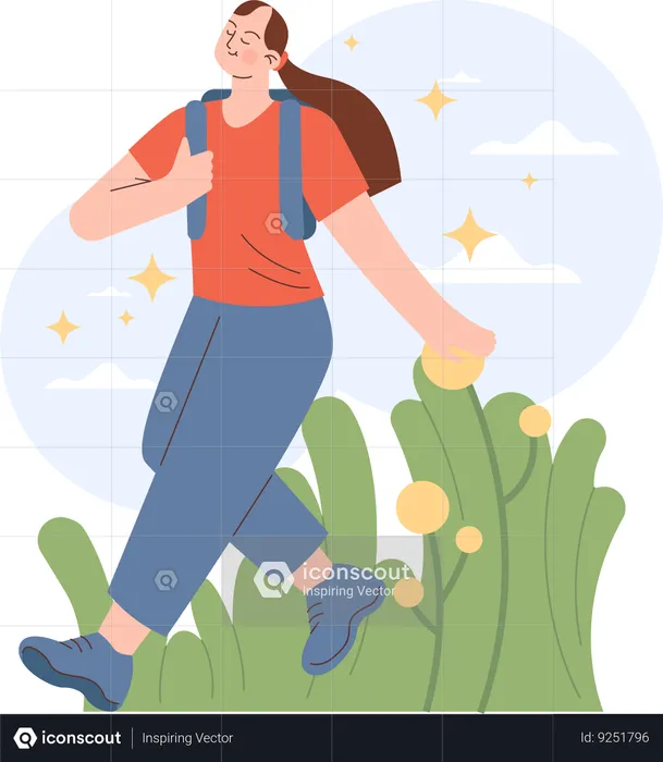 Fille qui court pour aller à l'aventure en plein air  Illustration