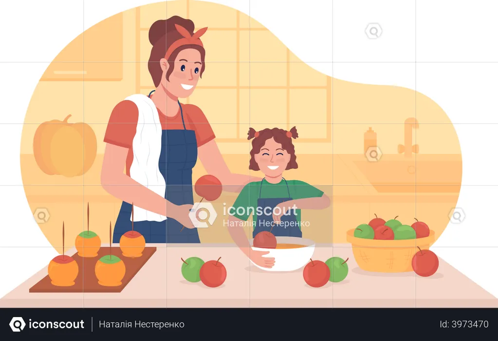 Fille cuisinant avec un enfant  Illustration