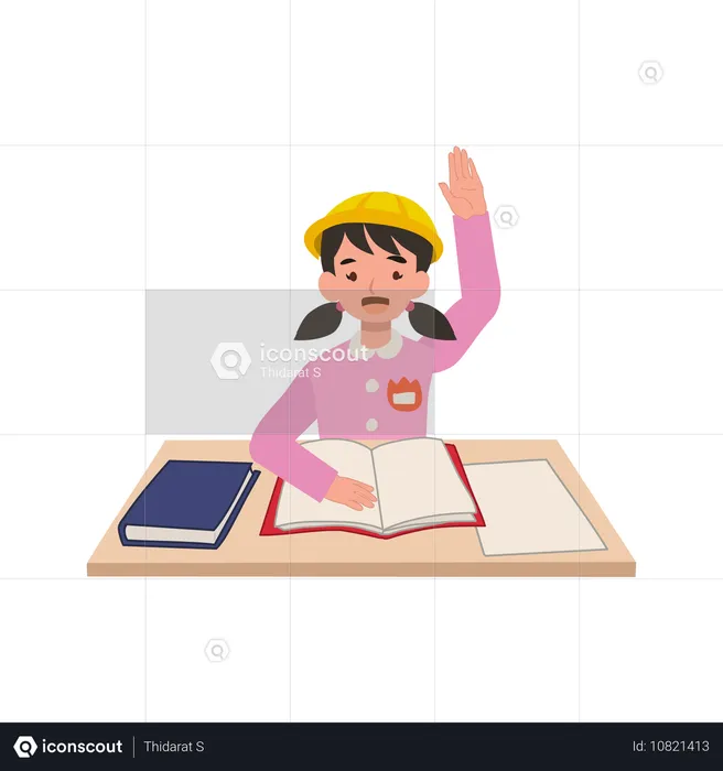 Une fille de maternelle confiante en uniforme japonais lève la main en classe et répond à des questions  Illustration