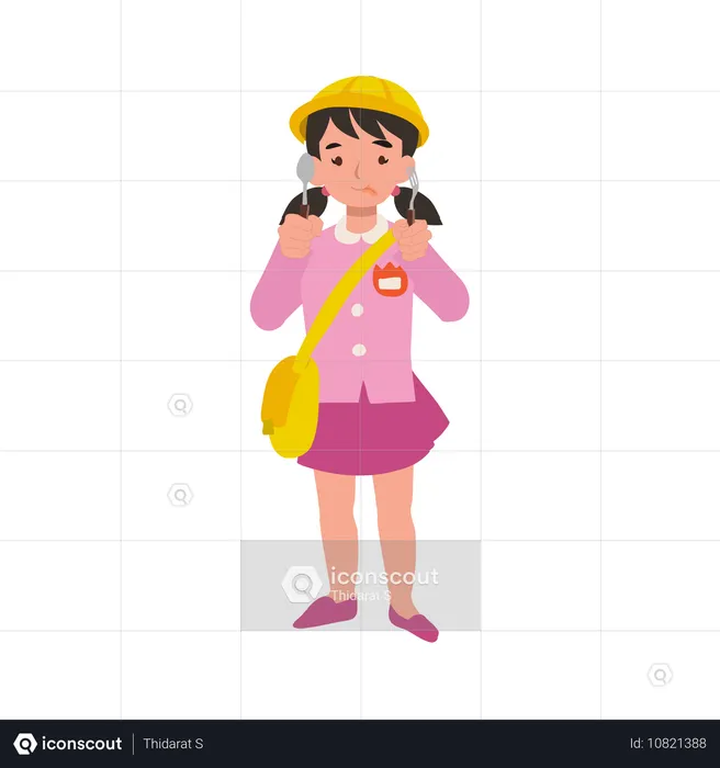 Fille joyeuse de maternelle en uniforme mangeant et montrant de la joie avec une fourchette et une cuillère  Illustration