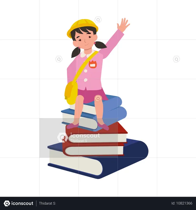 Une fille joyeuse de maternelle salue assise sur une grande pile de livres avec un grand sourire  Illustration