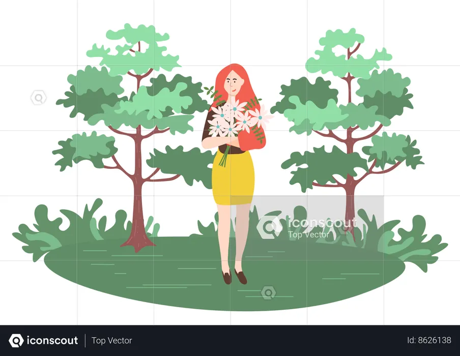 Fille debout avec bouquet  Illustration