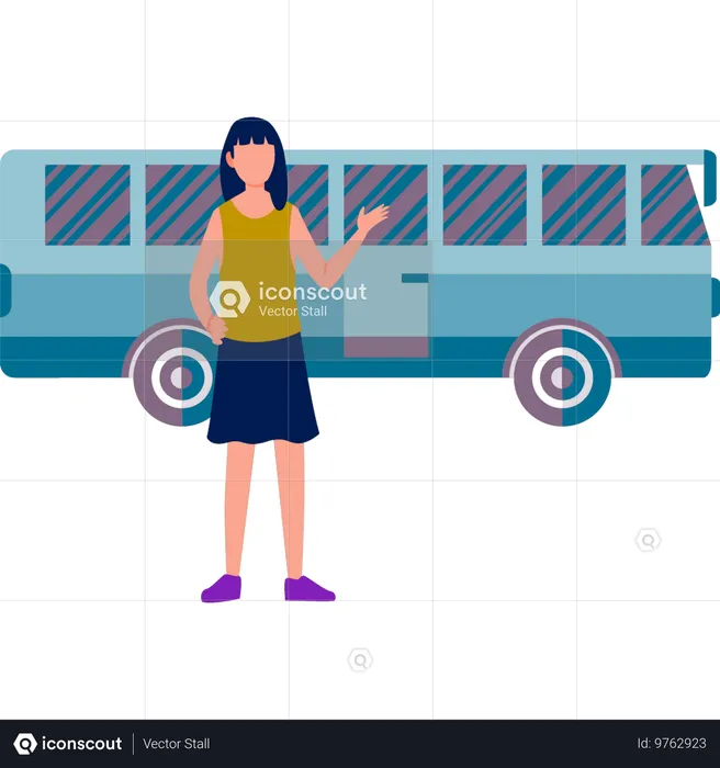 Fille debout à l'extérieur du bus  Illustration