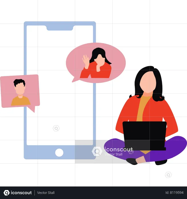 Fille discutant avec des amis en ligne  Illustration