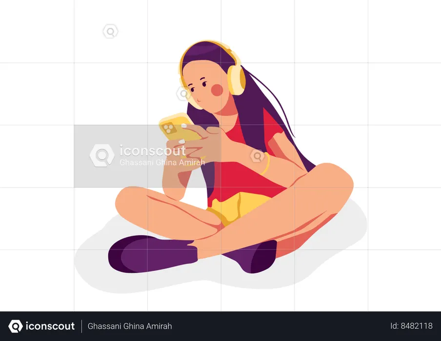 Fille écoutant de la musique et jouant au téléphone  Illustration